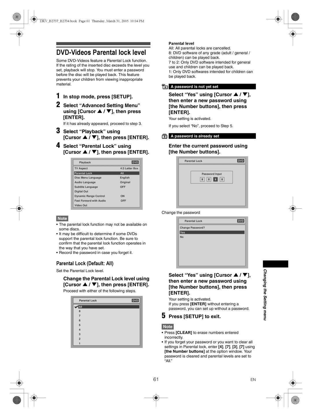 FUNAI DRV-B2737, DRV-B2734 owner manual DVD-Videos Parental lock level, Parental Lock Default All, Password is not yet set 