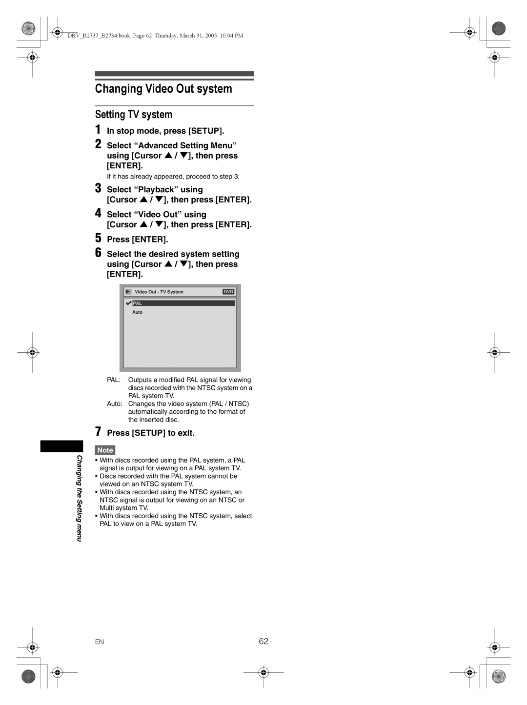 FUNAI DRV-B2734, DRV-B2737 owner manual Changing Video Out system, Setting TV system 