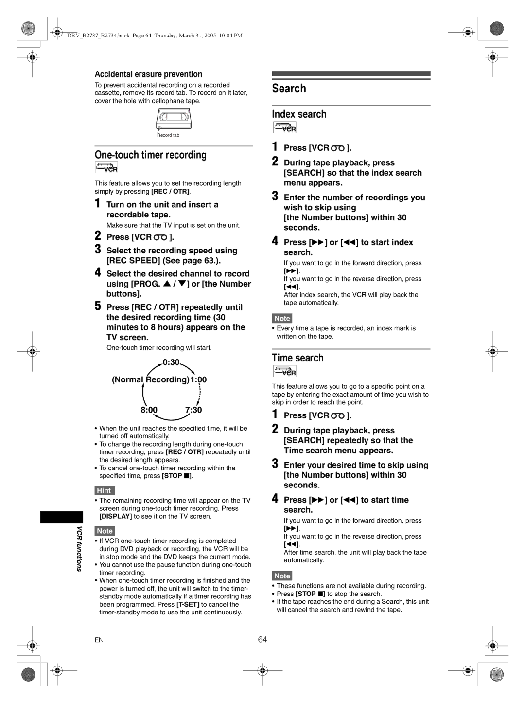 FUNAI DRV-B2734, DRV-B2737 owner manual One-touch timer recording, Index search, Time search, Accidental erasure prevention 