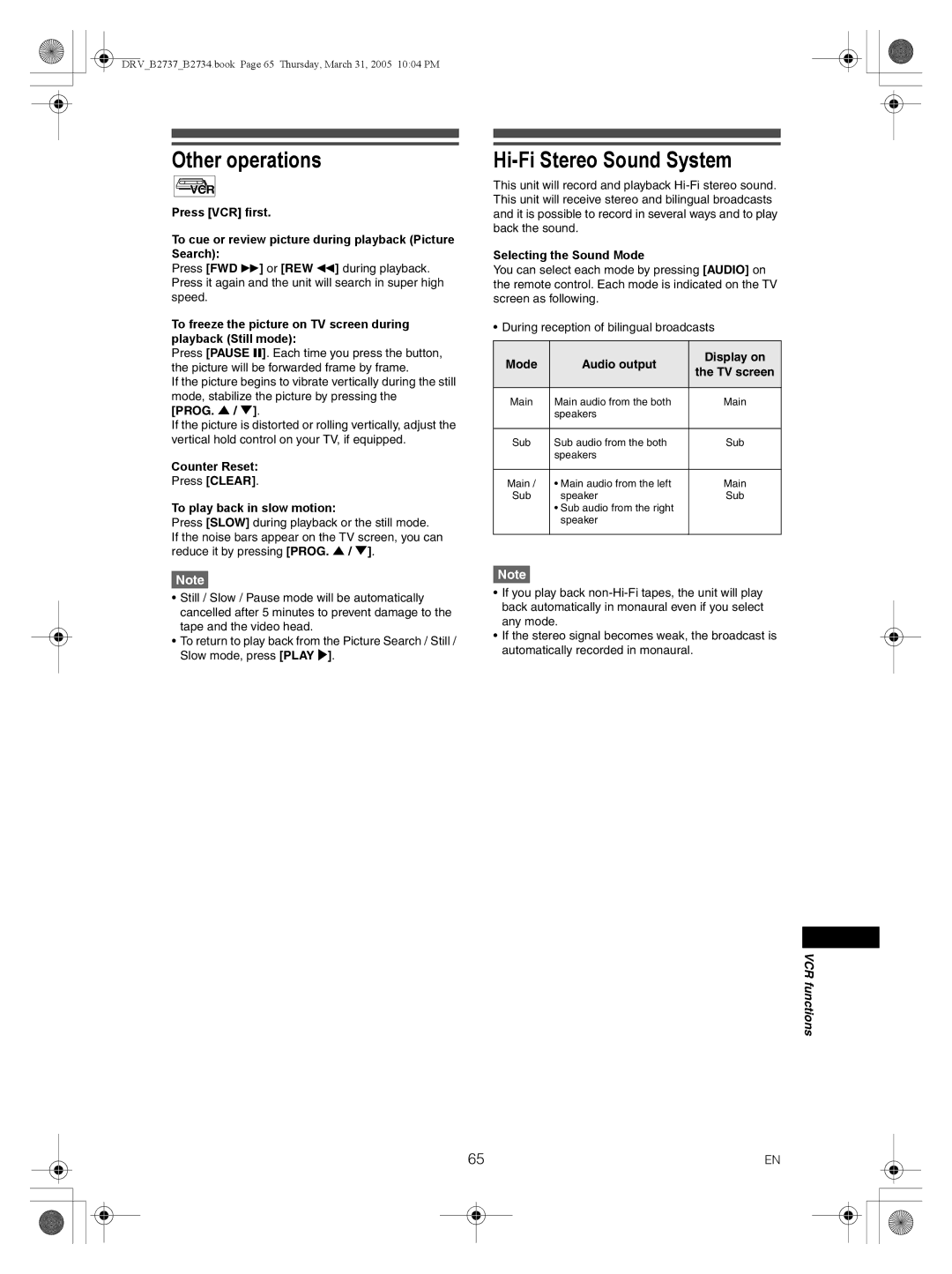 FUNAI DRV-B2737, DRV-B2734 owner manual Other operations, Hi-Fi Stereo Sound System, Mode Audio output Display on 