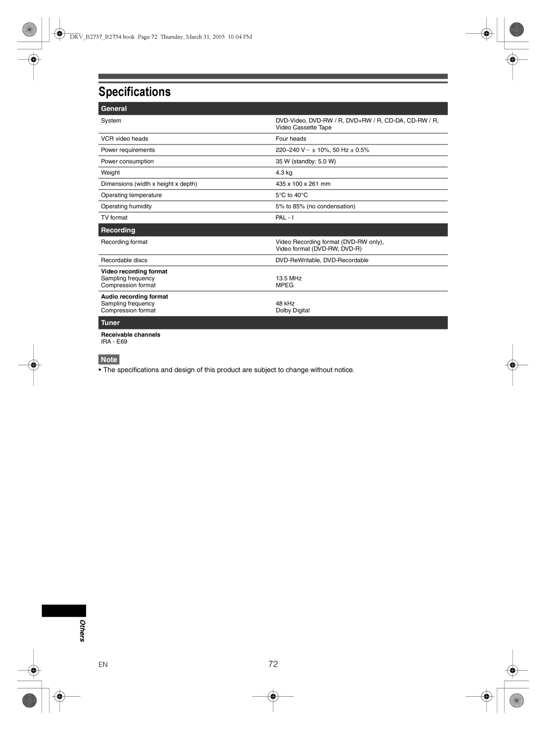 FUNAI DRV-B2734, DRV-B2737 owner manual Specifications, General, Recording, Tuner 