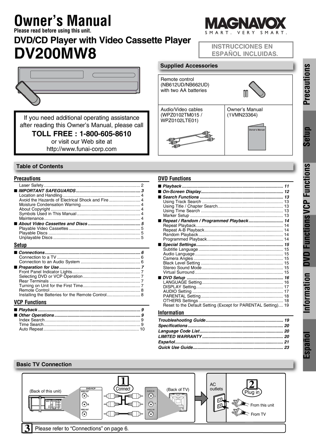 FUNAI DV200MW8 owner manual Please read before using this unit, Supplied Accessories, Table of Contents Precautions, Setup 