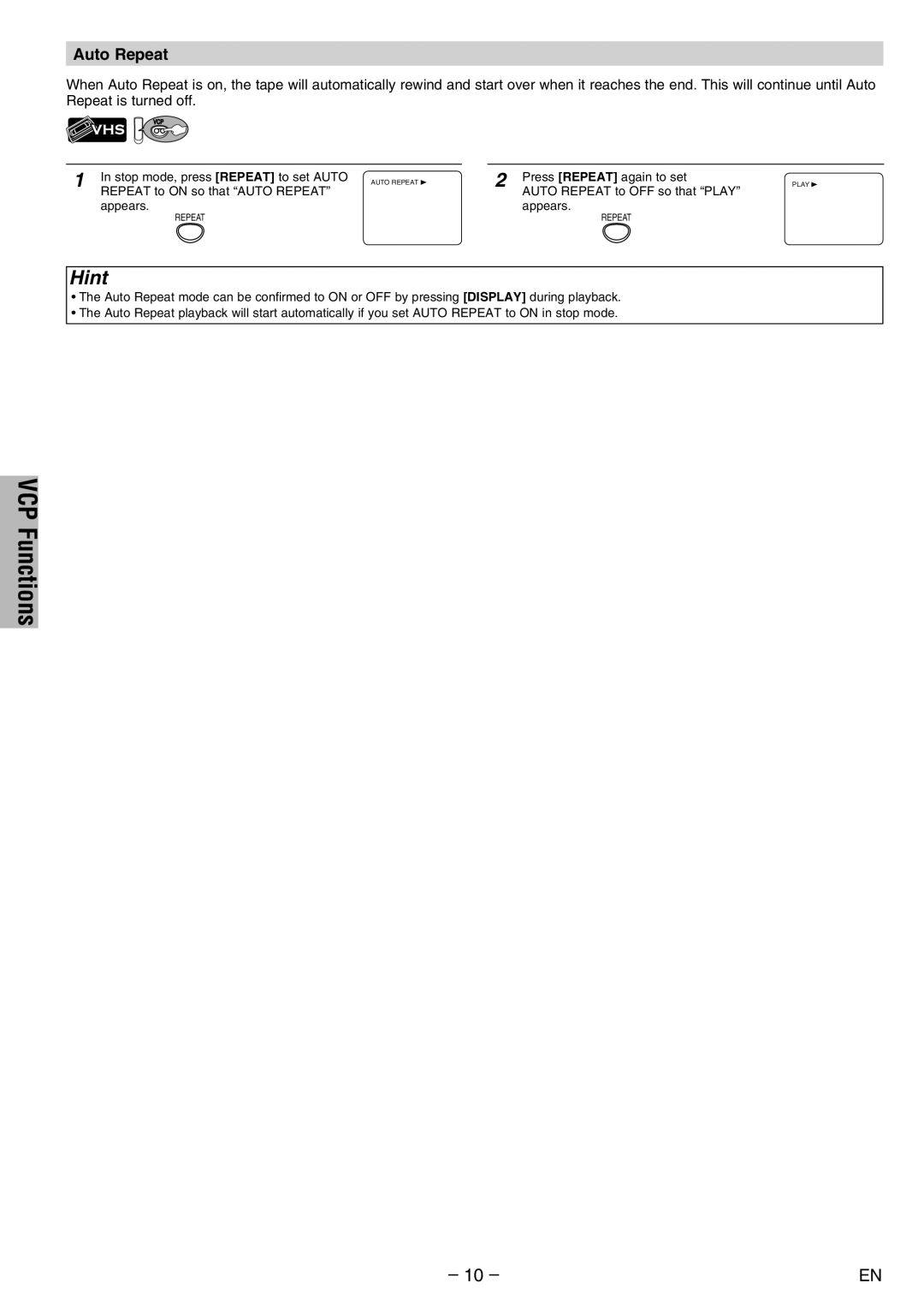 FUNAI DV200MW8 owner manual Auto Repeat 