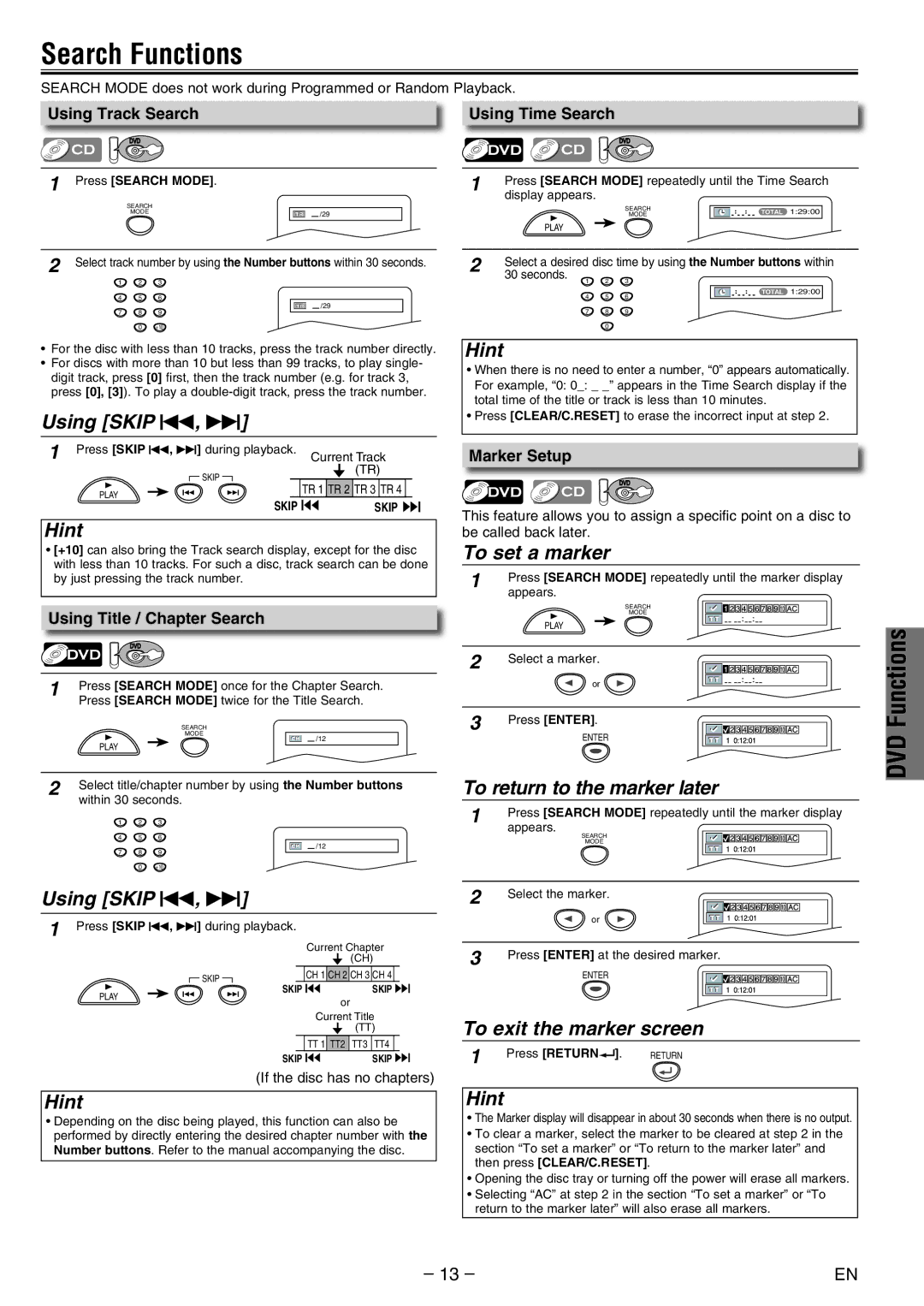 FUNAI DV200MW8 owner manual Search Functions, Using Skip H, G, To set a marker, To return to the marker later 