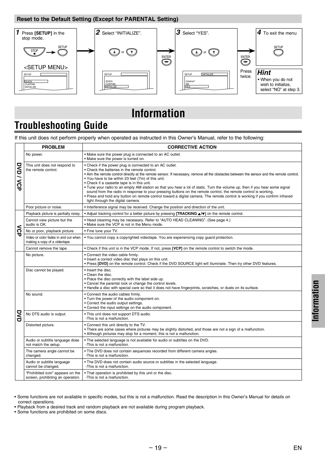 FUNAI DV200MW8 Information, Troubleshooting Guide, Reset to the Default Setting Except for Parental Setting, Dvd 