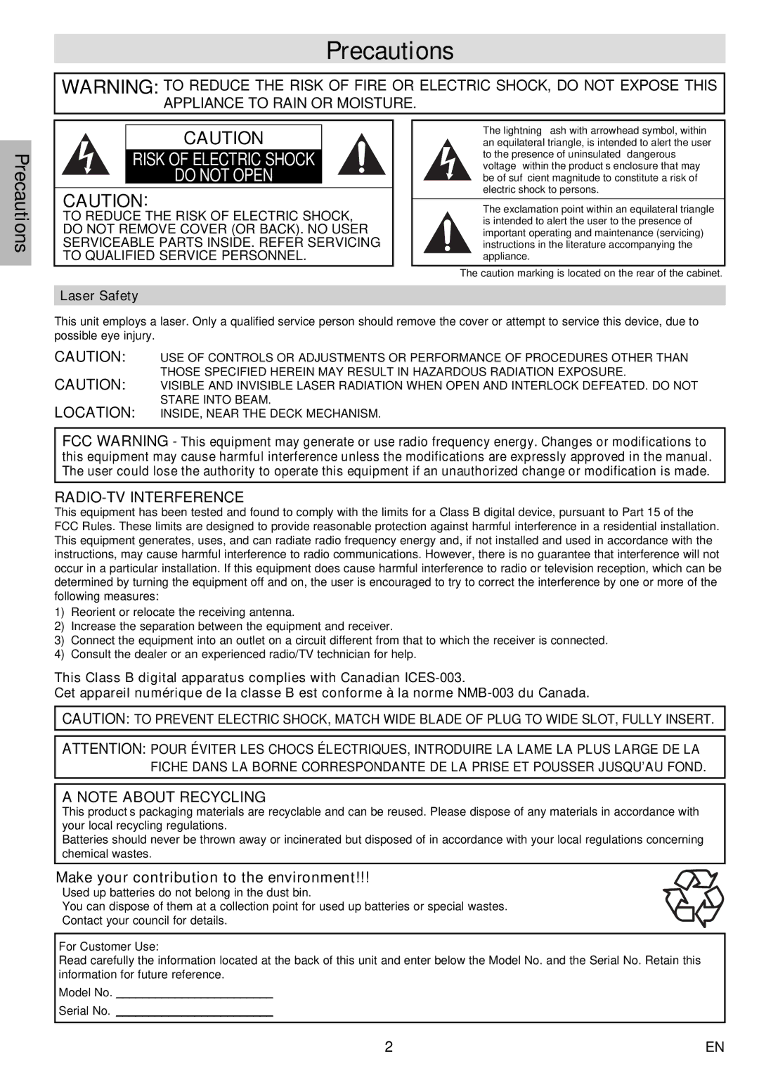 FUNAI DV200MW8 owner manual Precautions, Laser Safety 