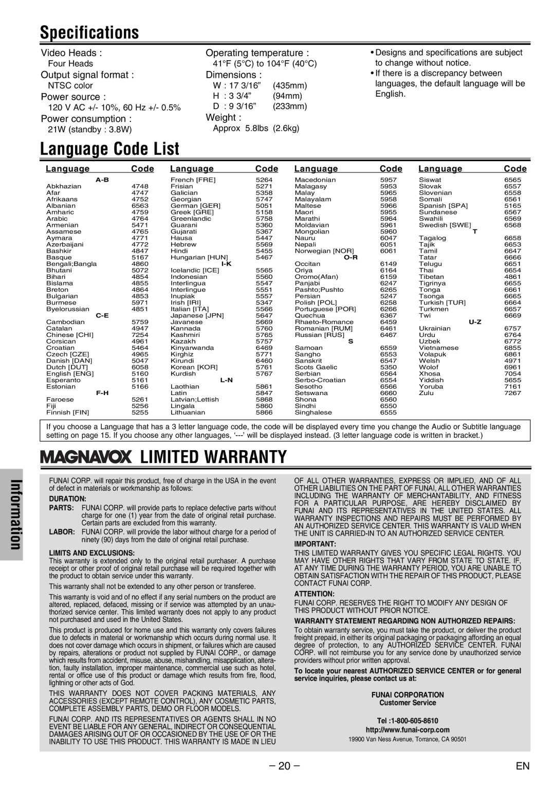 FUNAI DV200MW8 owner manual Specifications, Language Code List, 3/4 94mm English AC +/- 10%, 60 Hz +/- 0.5% 3/16 233mm 