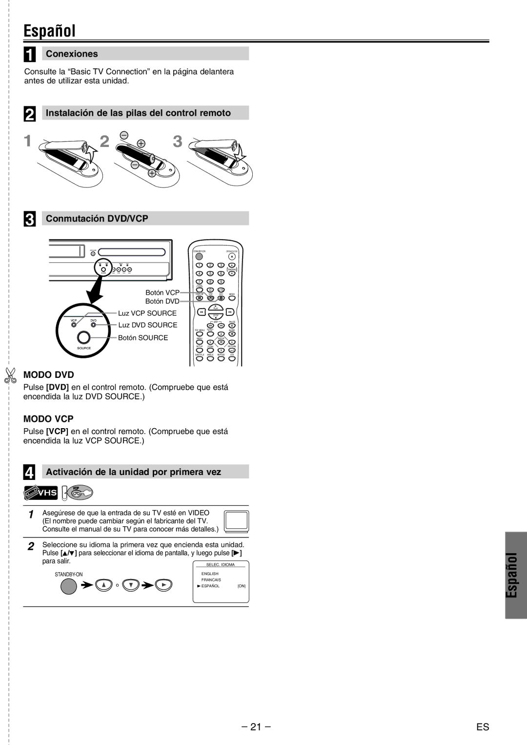 FUNAI DV200MW8 owner manual Español, Modo DVD, Modo VCP 