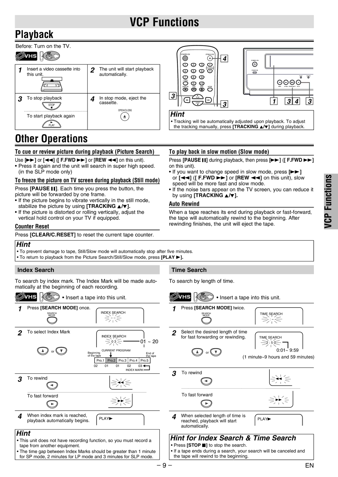 FUNAI DV200MW8 owner manual VCP Functions, Playback, Other Operations, Hint for Index Search & Time Search 