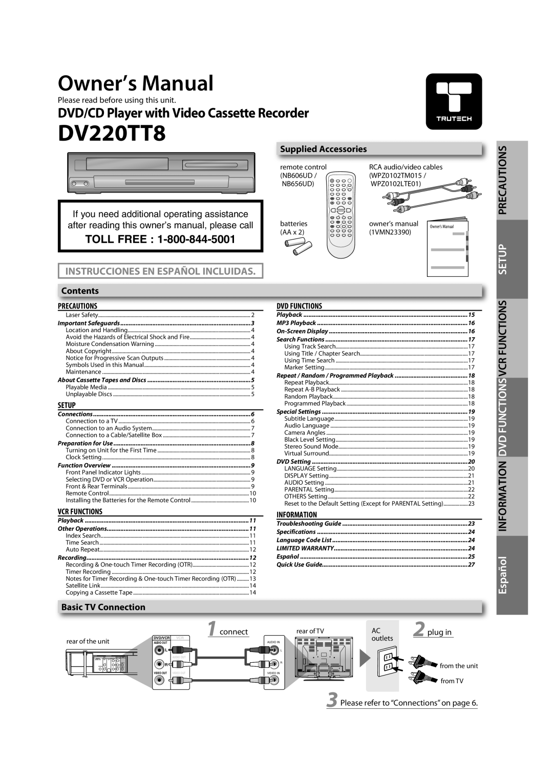 FUNAI DV220TT8 owner manual Supplied Accessories, Contents, Basic TV Connection 