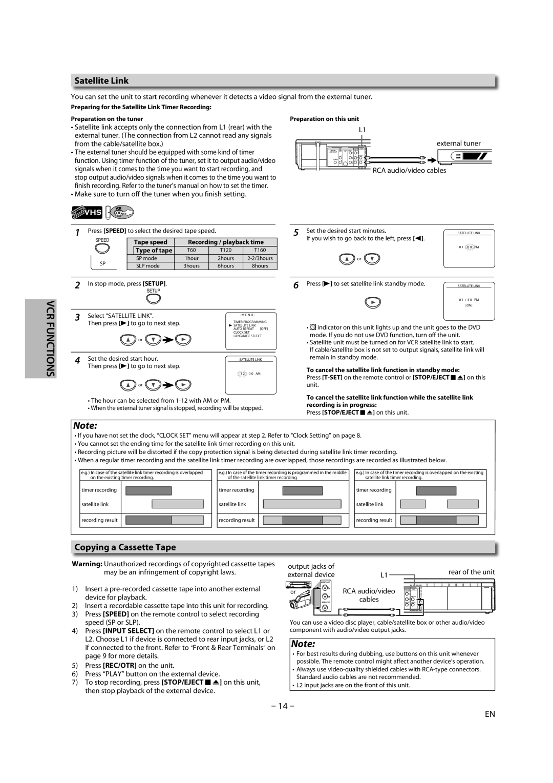 FUNAI DV220TT8 Satellite Link, Copying a Cassette Tape, Make sure to turn off the tuner when you finish setting 