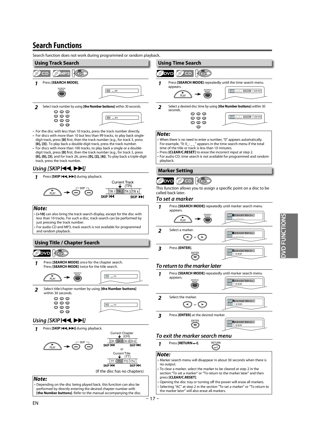 FUNAI DV220TT8 Search Functions, Using Track Search, Using Time Search, Using Title / Chapter Search, Marker Setting 