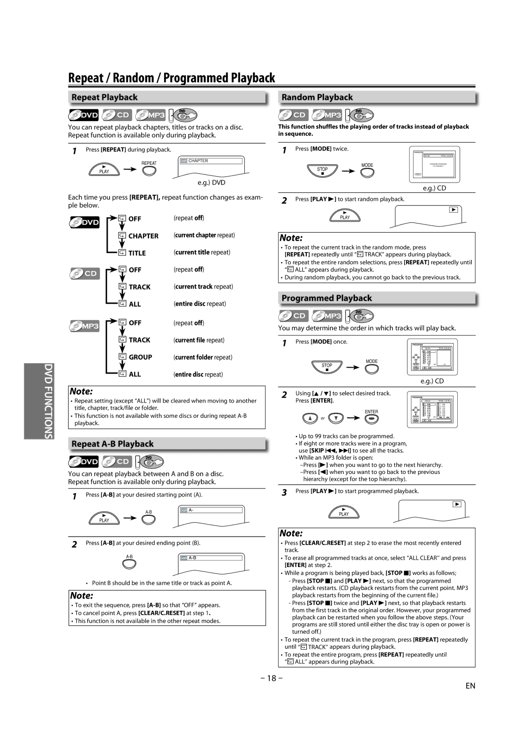 FUNAI DV220TT8 Repeat / Random / Programmed Playback, Repeat Playback Random Playback, Repeat A-B Playback, Repeat off 