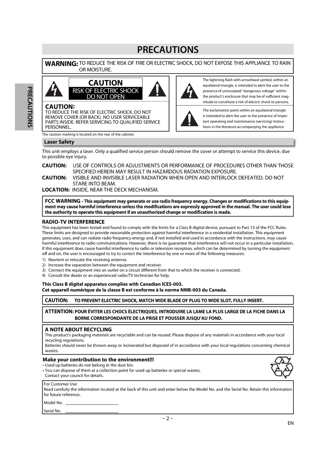 FUNAI DV220TT8 owner manual Precautions, Laser Safety, Make your contribution to the environment 