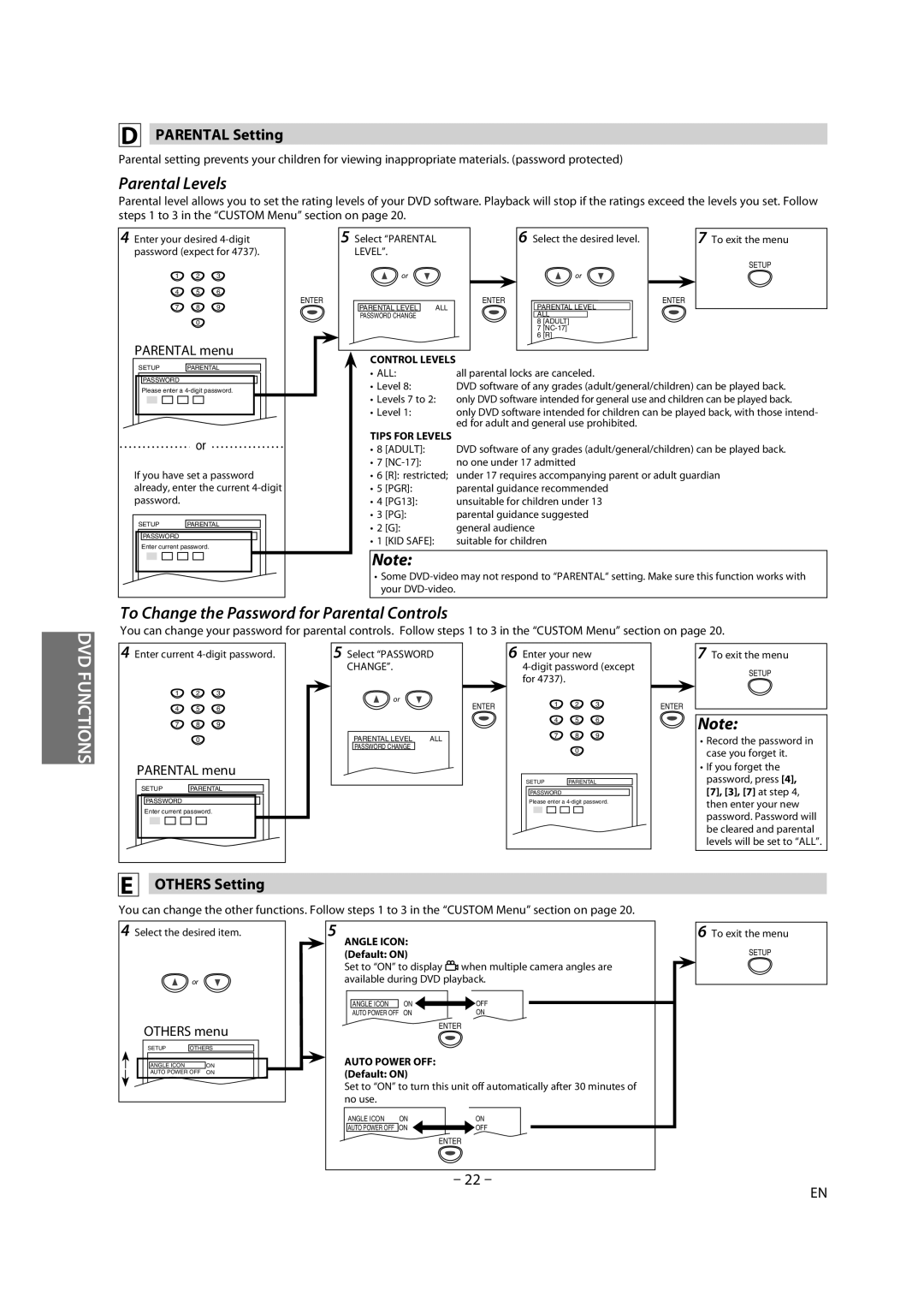 FUNAI DV220TT8 owner manual Parental Setting, Others Setting, Auto Power OFF Default on 