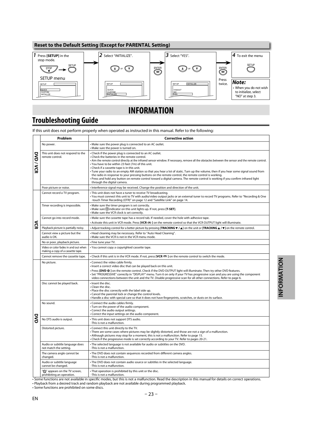 FUNAI DV220TT8 owner manual Information, Troubleshooting Guide, Reset to the Default Setting Except for Parental Setting 