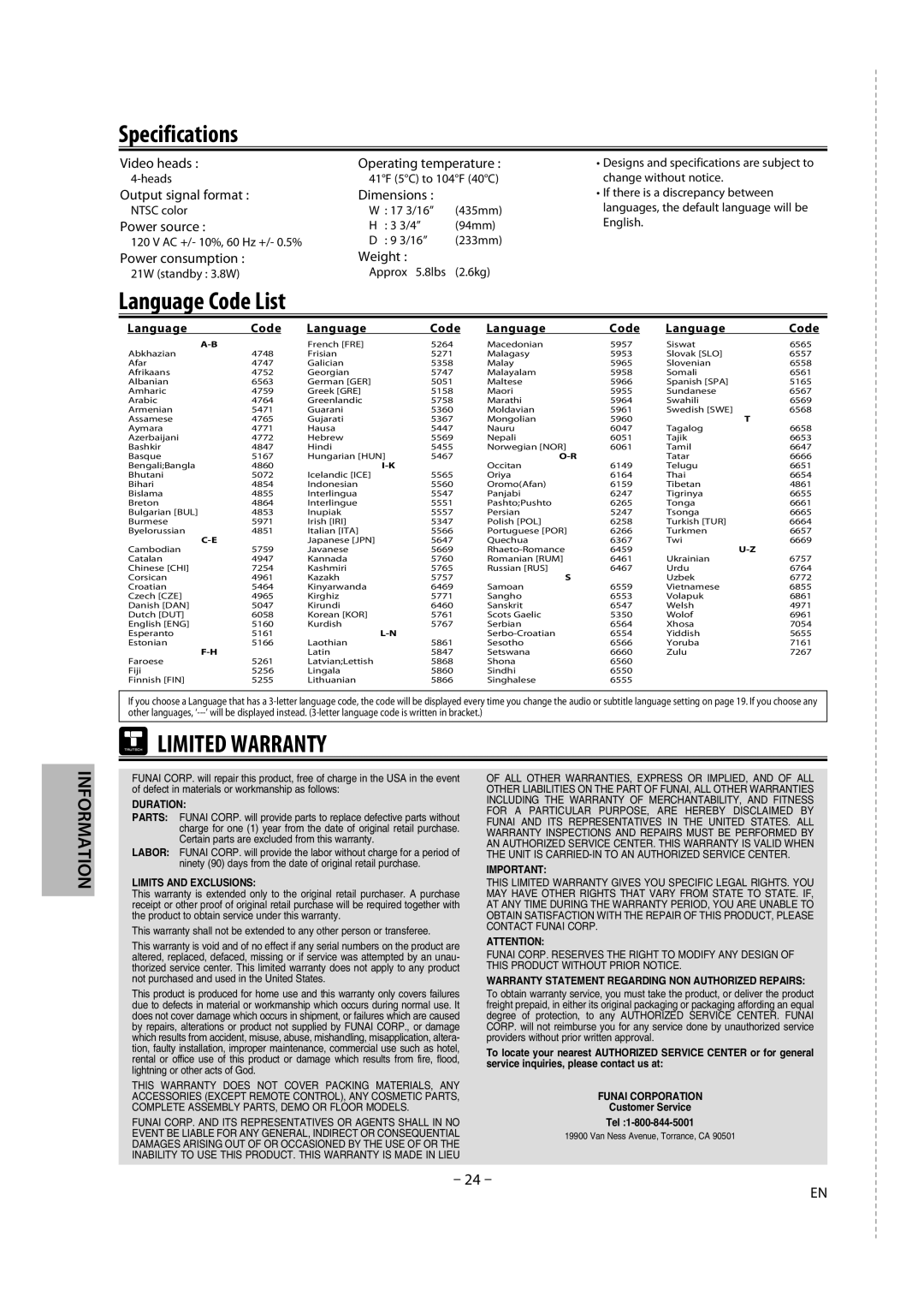 FUNAI DV220TT8 owner manual Specifications, Language Code 