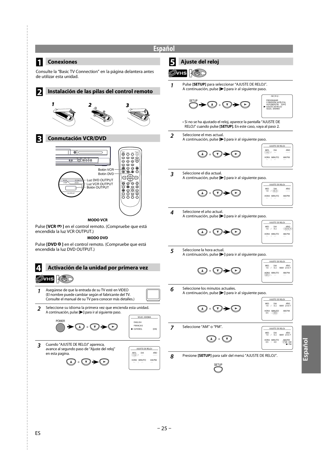 FUNAI DV220TT8 owner manual Conexiones Ajuste del reloj, Instalación de las pilas del control remoto, Conmutación VCR/DVD 