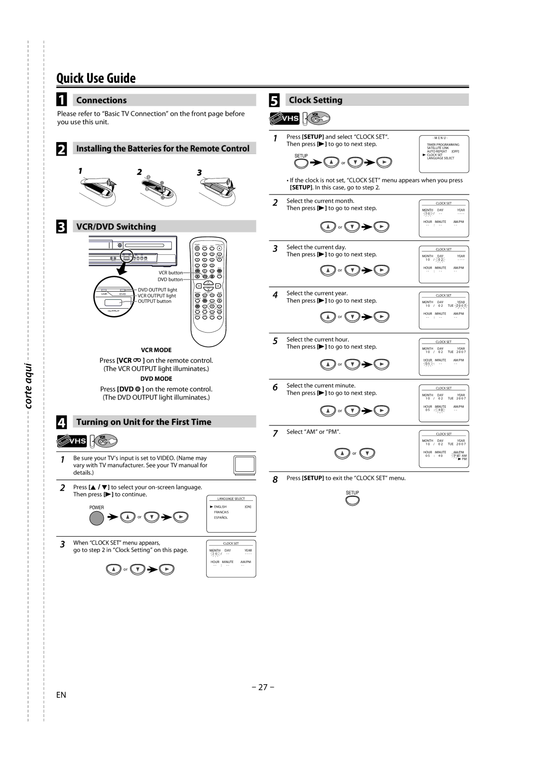 FUNAI DV220TT8 owner manual Quick Use Guide, Connections, VCR/DVD Switching, Clock Setting, Details 