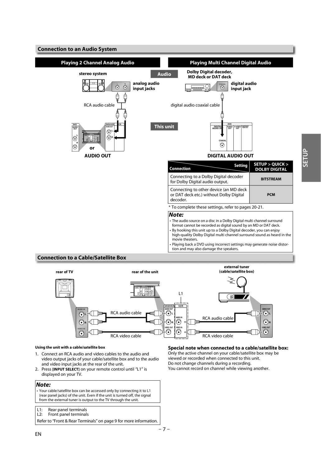 FUNAI DV220TT8 owner manual Connection to an Audio System, Connection to a Cable/Satellite Box 