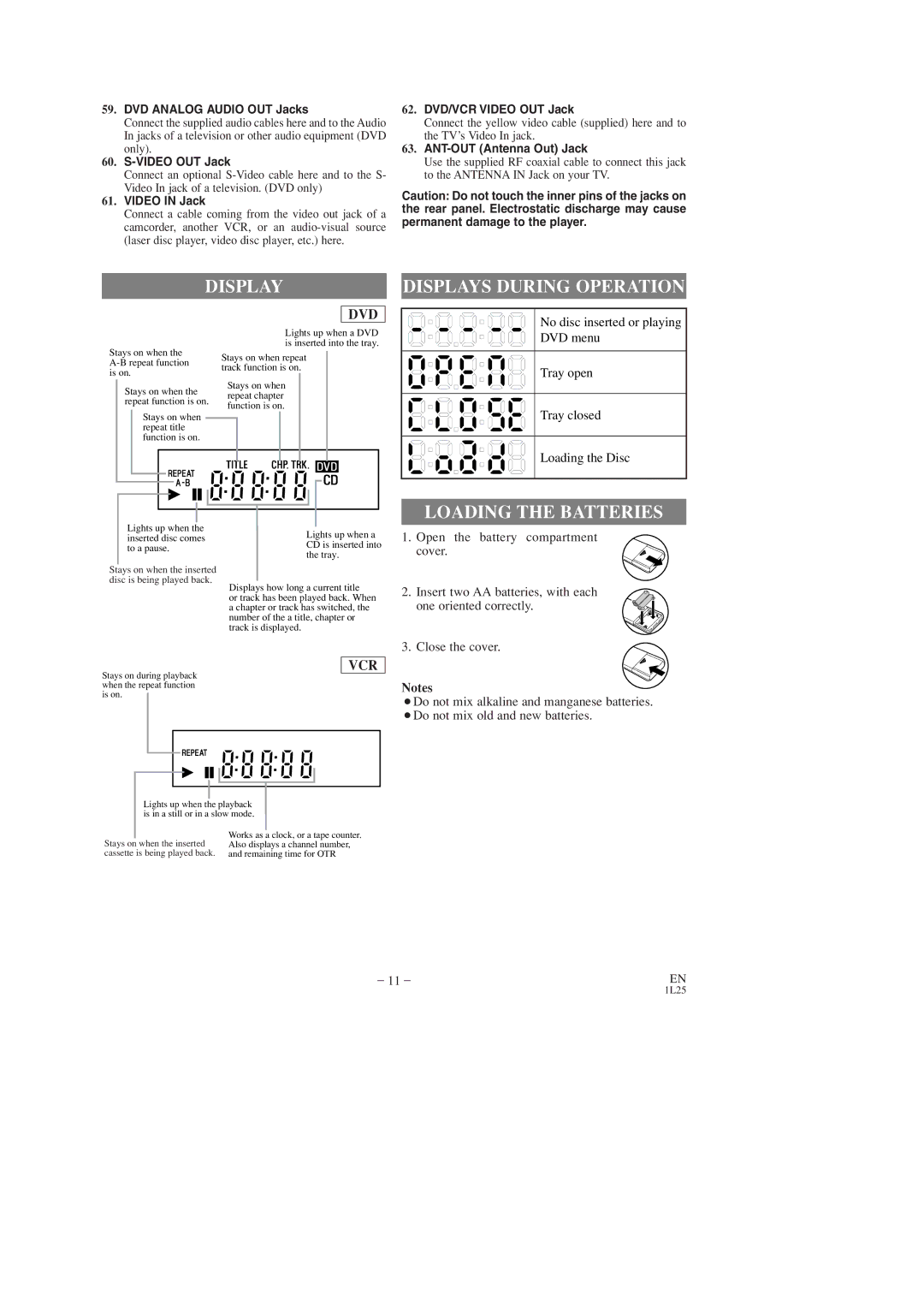 FUNAI DVC860D owner manual Displays During Operation, Loading the Batteries 