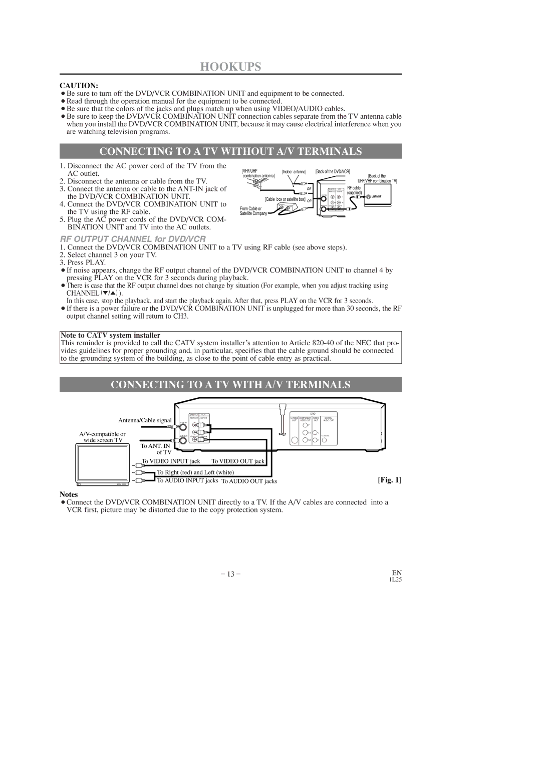 FUNAI DVC860D owner manual Hookups, Connecting to a TV Without A/V Terminals, Connecting to a TV with A/V Terminals 