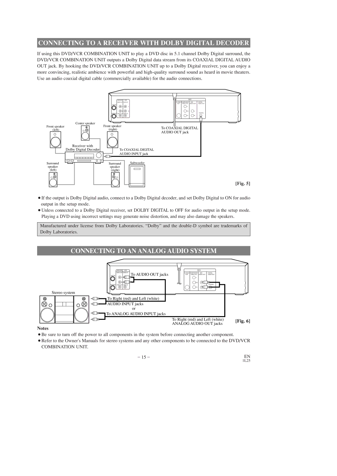 FUNAI DVC860D owner manual Connecting to a Receiver with Dolby Digital Decoder, Connecting to AN Analog Audio System 