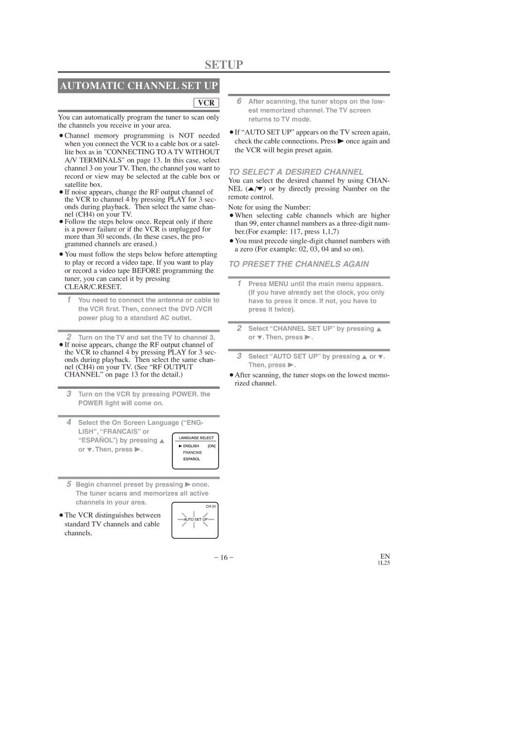 FUNAI DVC860D owner manual Setup, Automatic Channel SET UP, To Select a Desired Channel, To Preset the Channels Again 