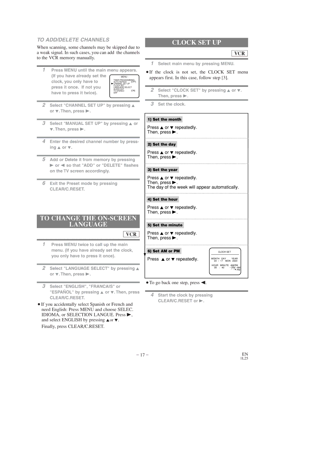 FUNAI DVC860D owner manual Clock SET UP, To Change the ON-SCREEN Language, To ADD/DELETE Channels 