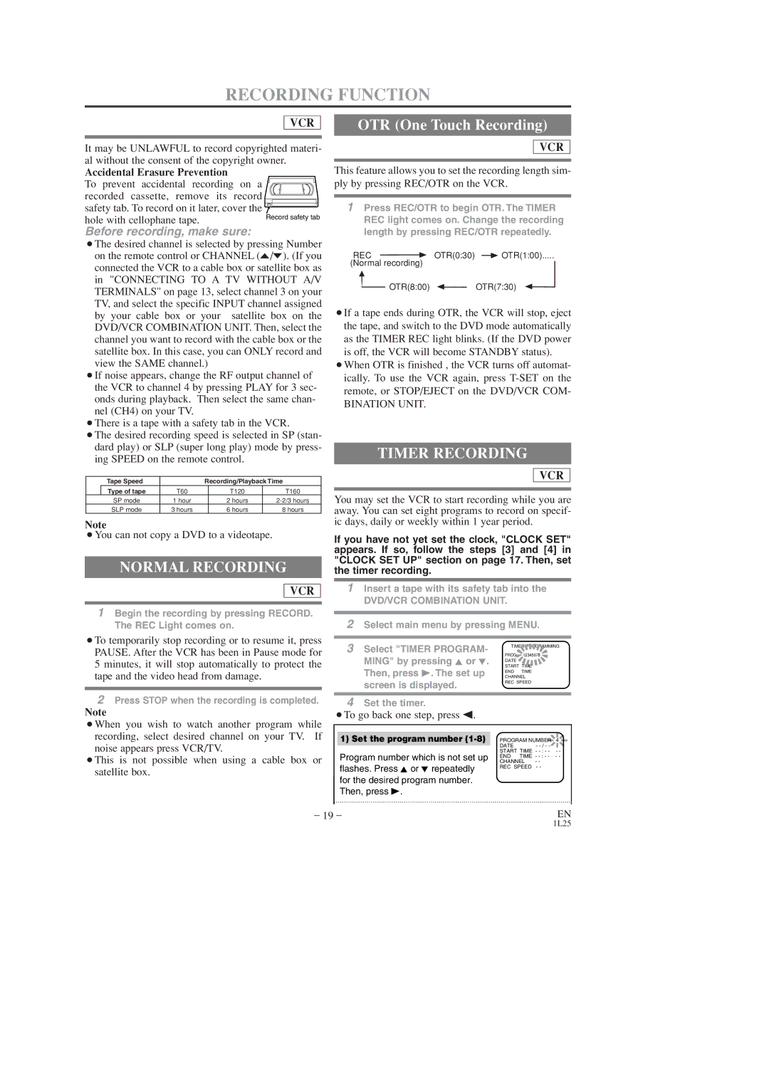 FUNAI DVC860D owner manual Recording Function, Normal Recording, Timer Recording, Before recording, make sure 