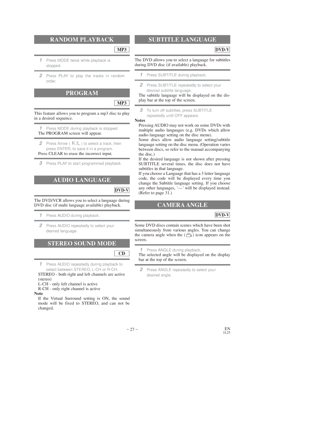 FUNAI DVC860D owner manual Subtitle Language, Program, Audio Language, Stereo Sound Mode, Camera Angle 