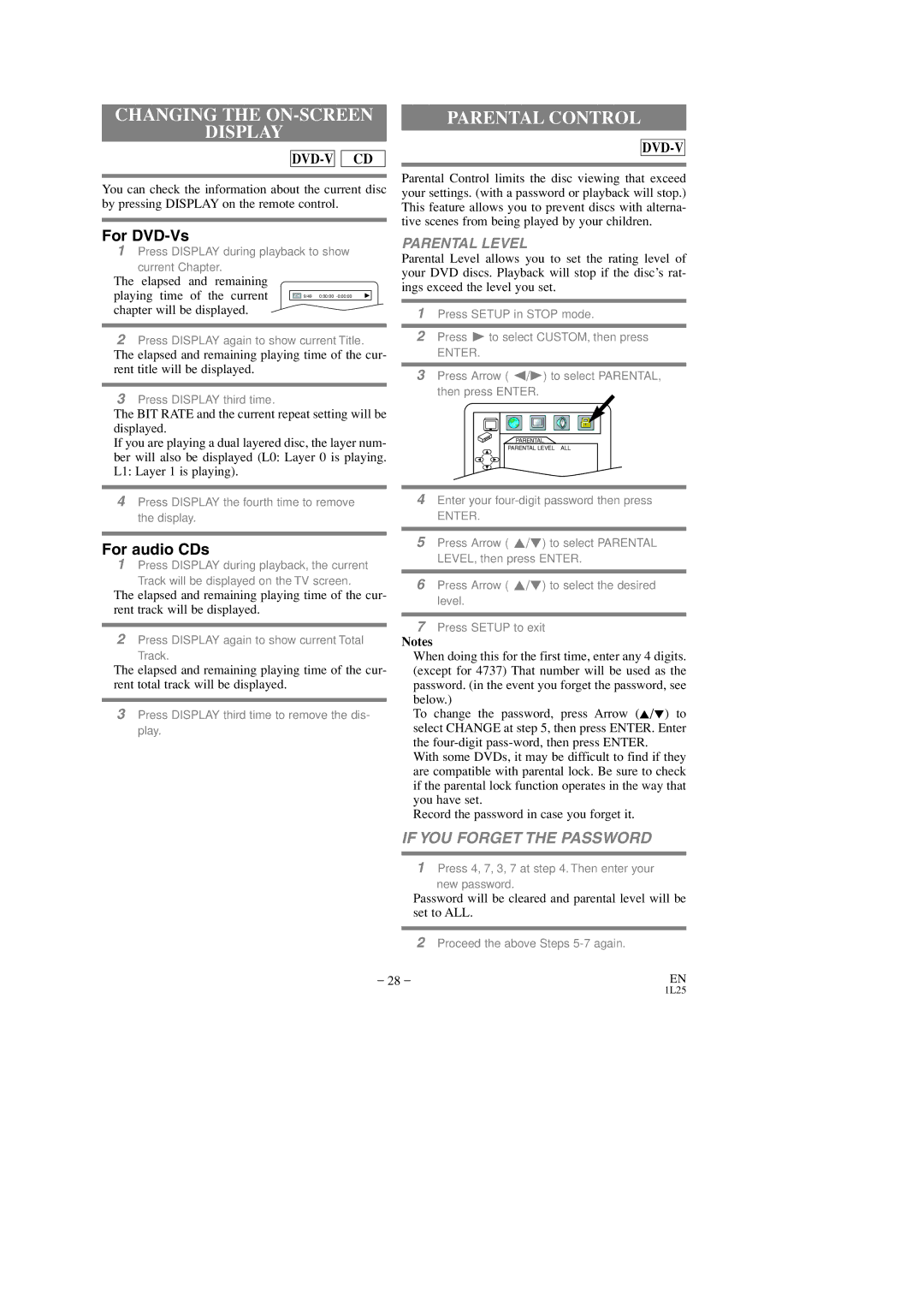 FUNAI DVC860D owner manual Changing the ON-SCREEN Display, Parental Control, Parental Level, Chapter will be displayed 