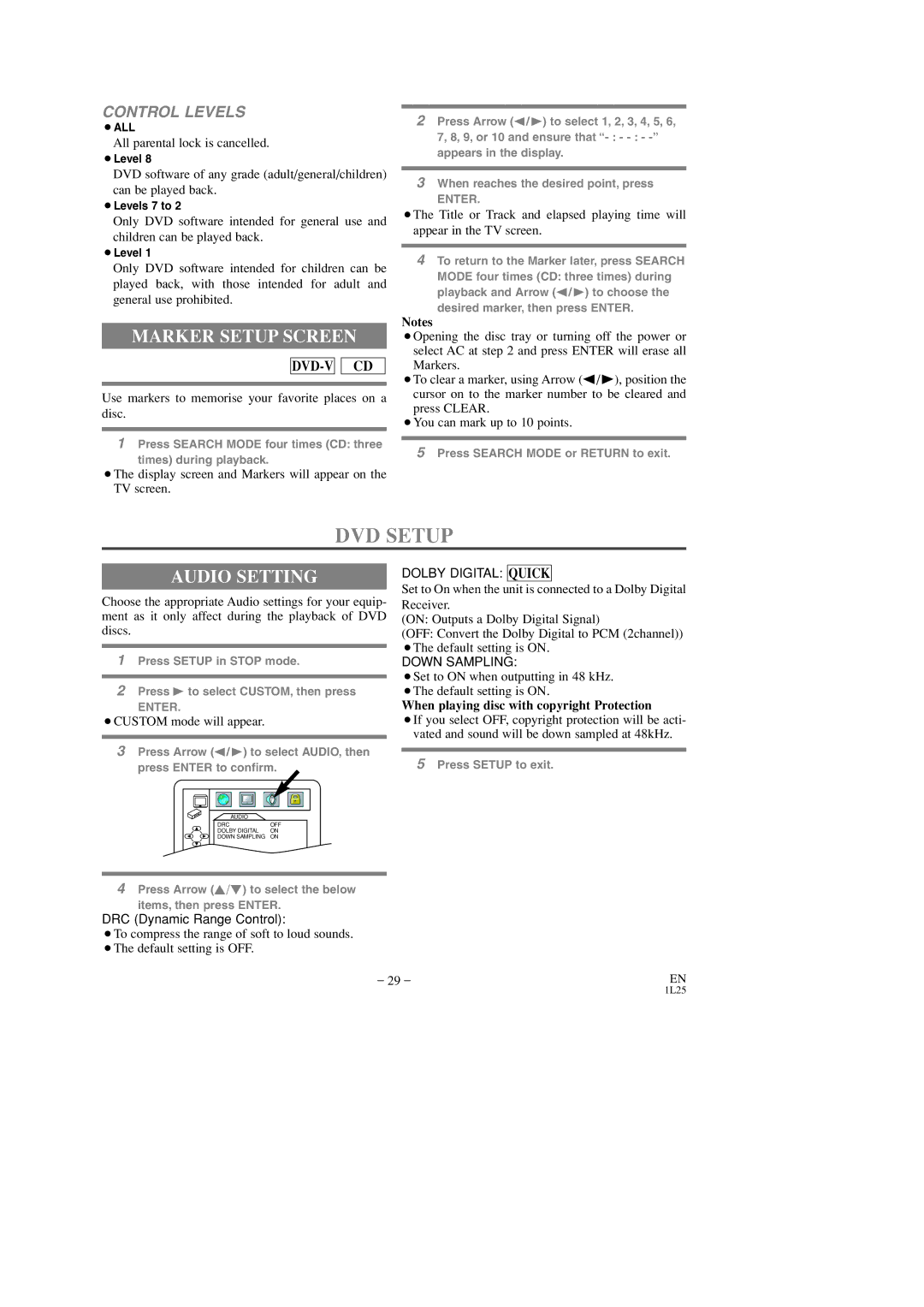 FUNAI DVC860D owner manual DVD Setup, Marker Setup Screen, Audio Setting 