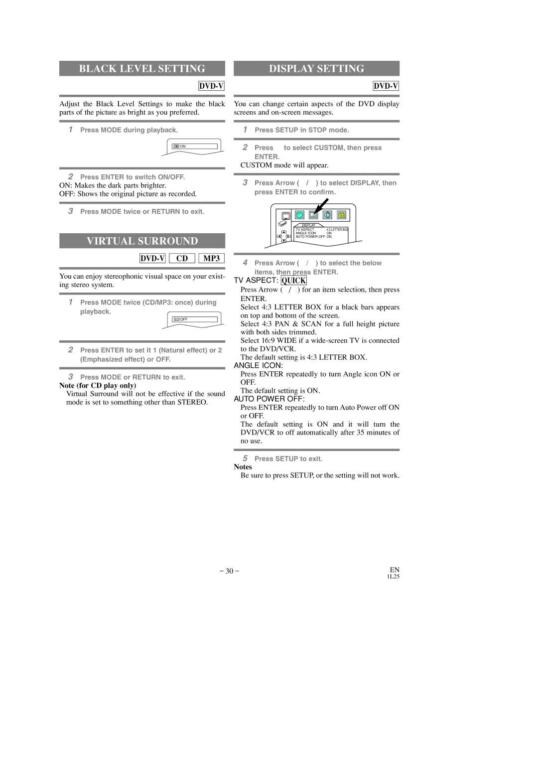 FUNAI DVC860D Black Level Setting, Display Setting, Virtual Surround, ¡Press Arrow K/L for an item selection, then press 