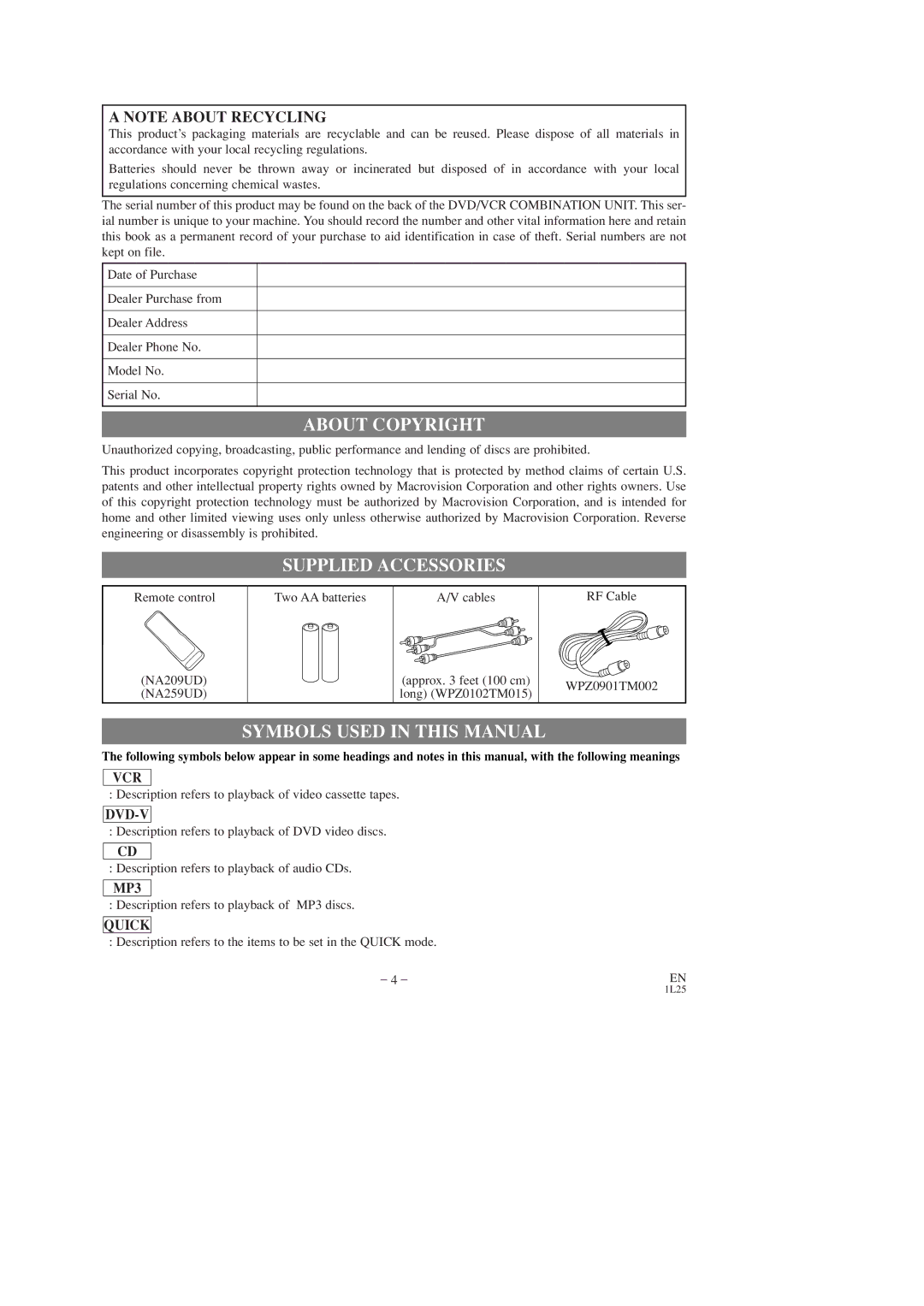 FUNAI DVC860D owner manual About Copyright, Supplied Accessories, Symbols Used in this Manual 