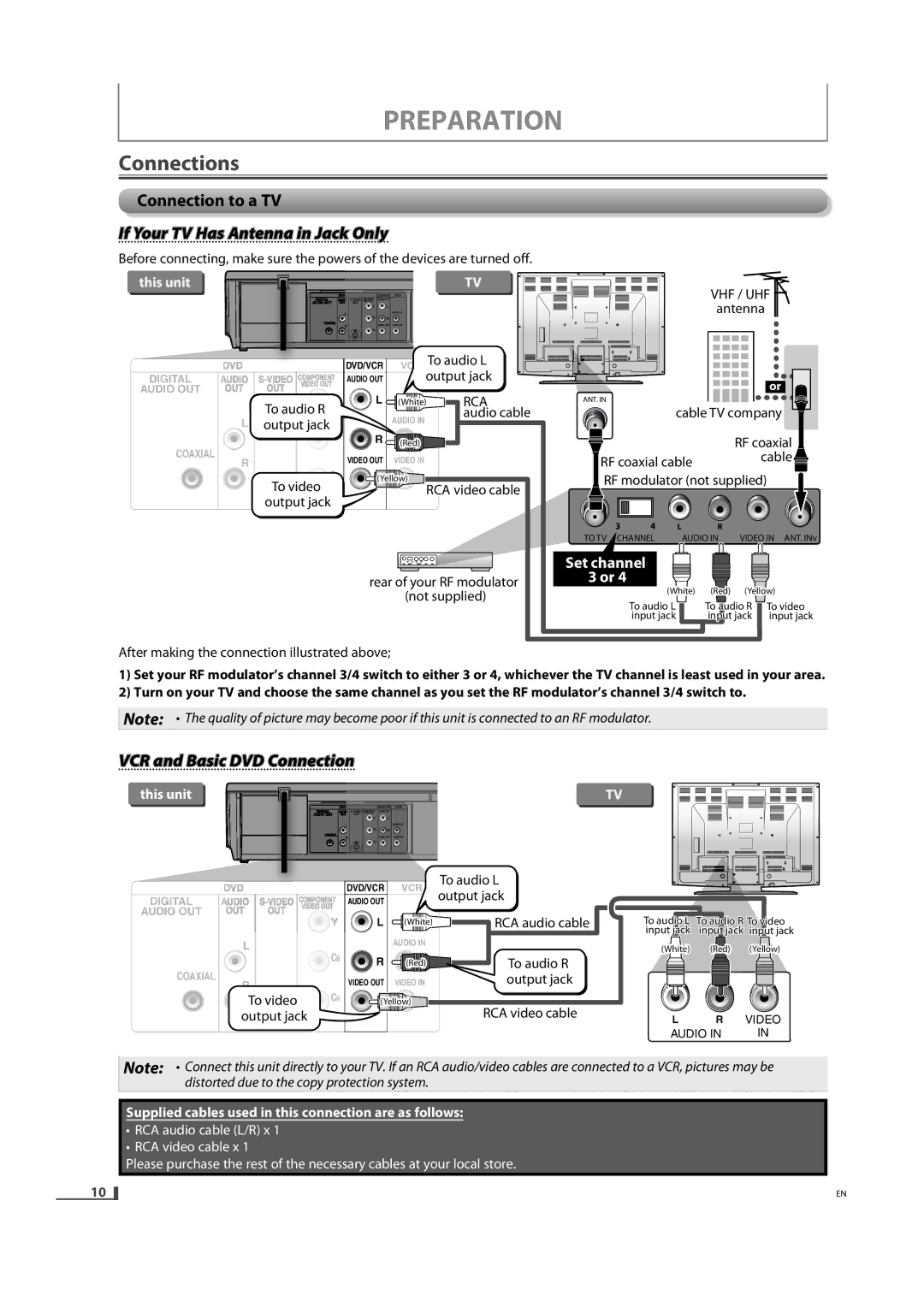 FUNAI DVD3315V Connections, Connection to a TV, If Your TV Has Antenna in Jack Only, VCR and Basic DVD Connection 