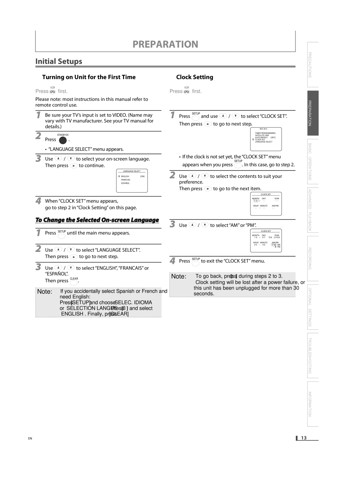 FUNAI DVD3315V owner manual Initial Setups 