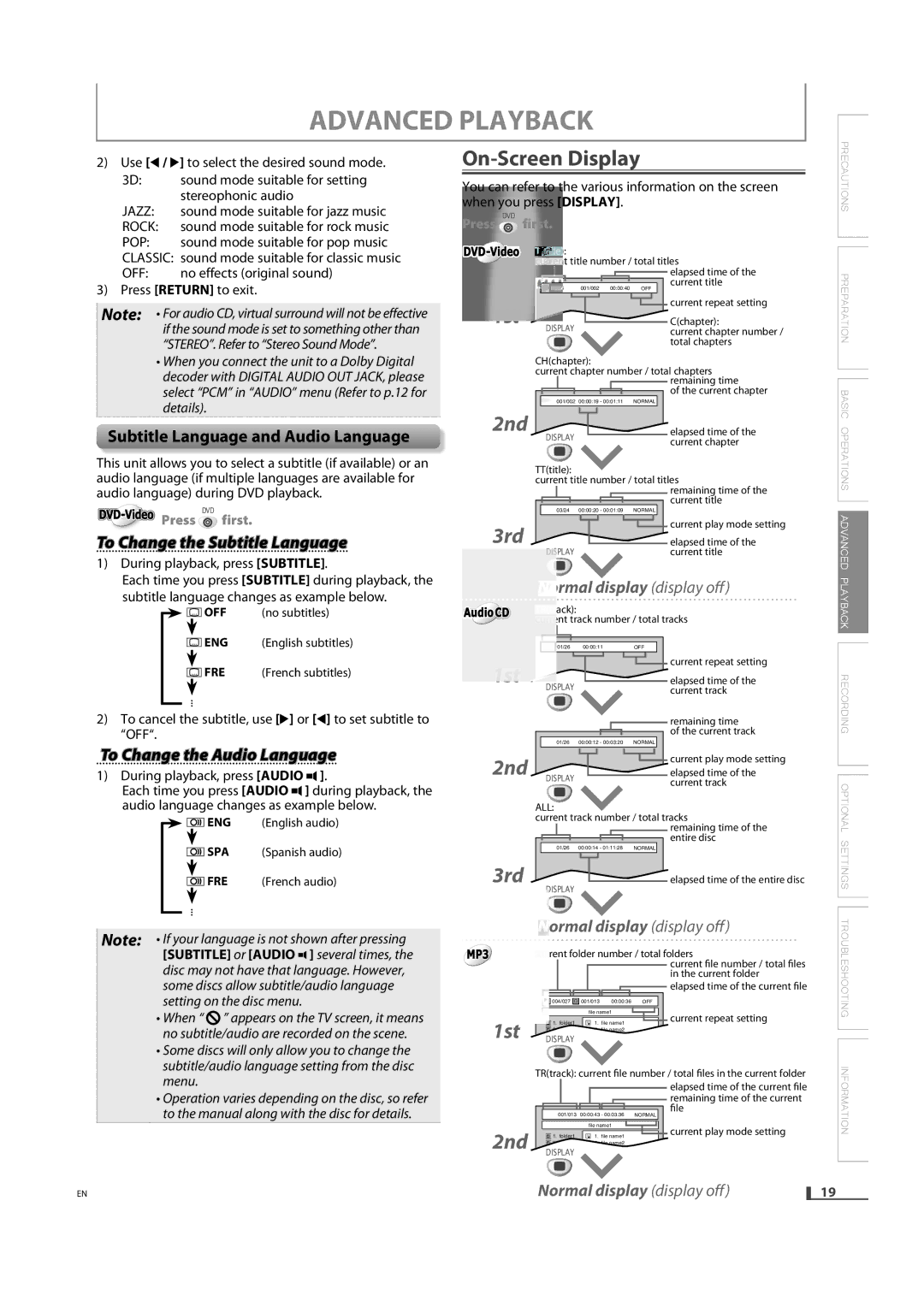 FUNAI DVD3315V owner manual On-Screen Display, Subtitle Language and Audio Language, To Change the Subtitle Language 