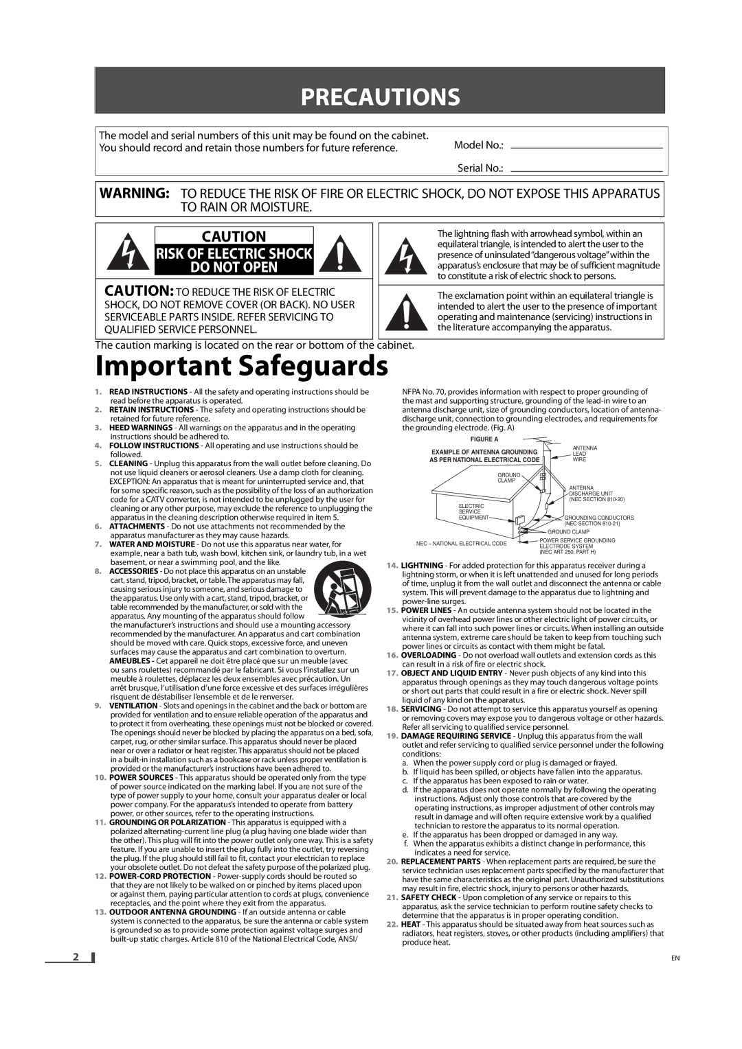 FUNAI DVD3315V owner manual Precautions, Model No Serial No, Cabinet 