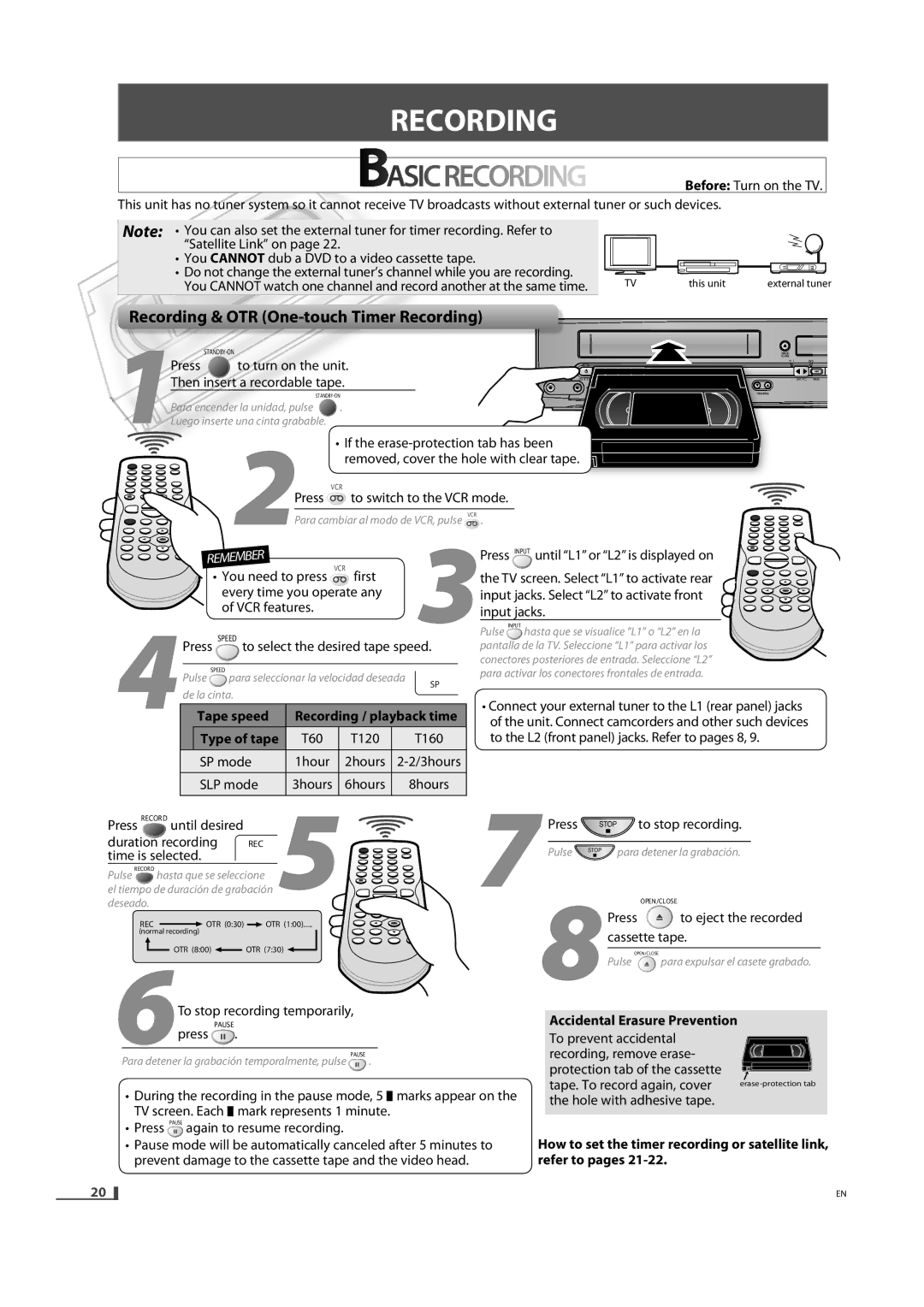 FUNAI DVD3315V owner manual Recordingr I G, Recording & OTR One-touch Timer Recording 