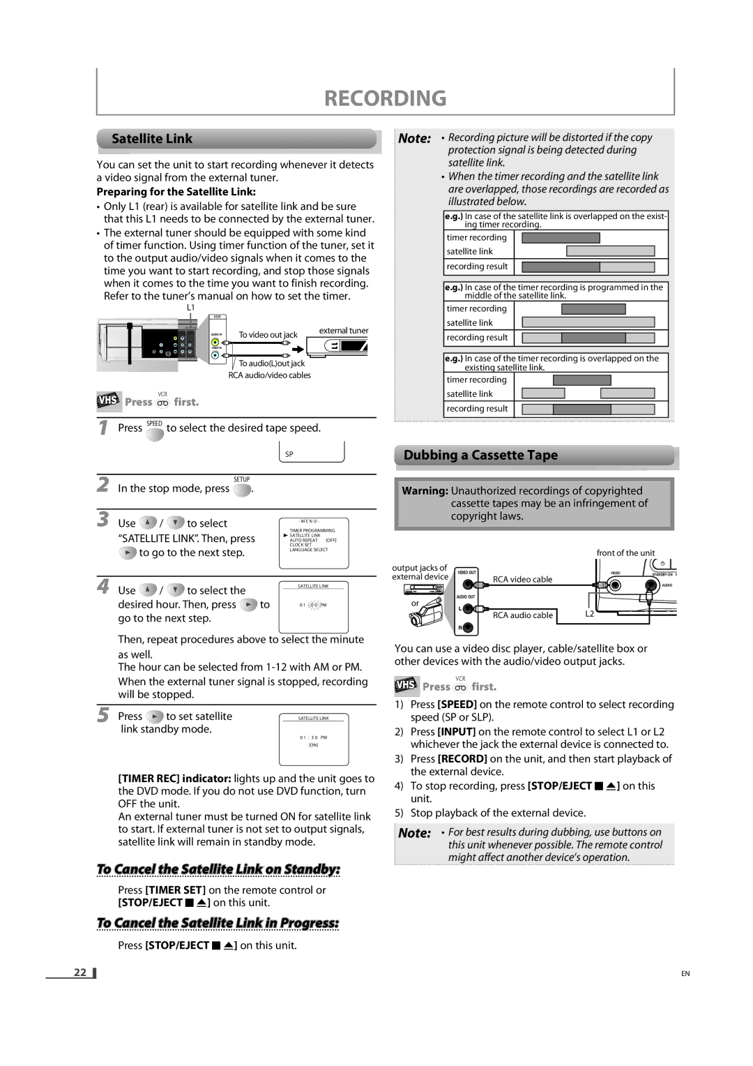 FUNAI DVD3315V owner manual To Cancel the Satellite Link on Standby, To Cancel the Satellite Link in Progress 