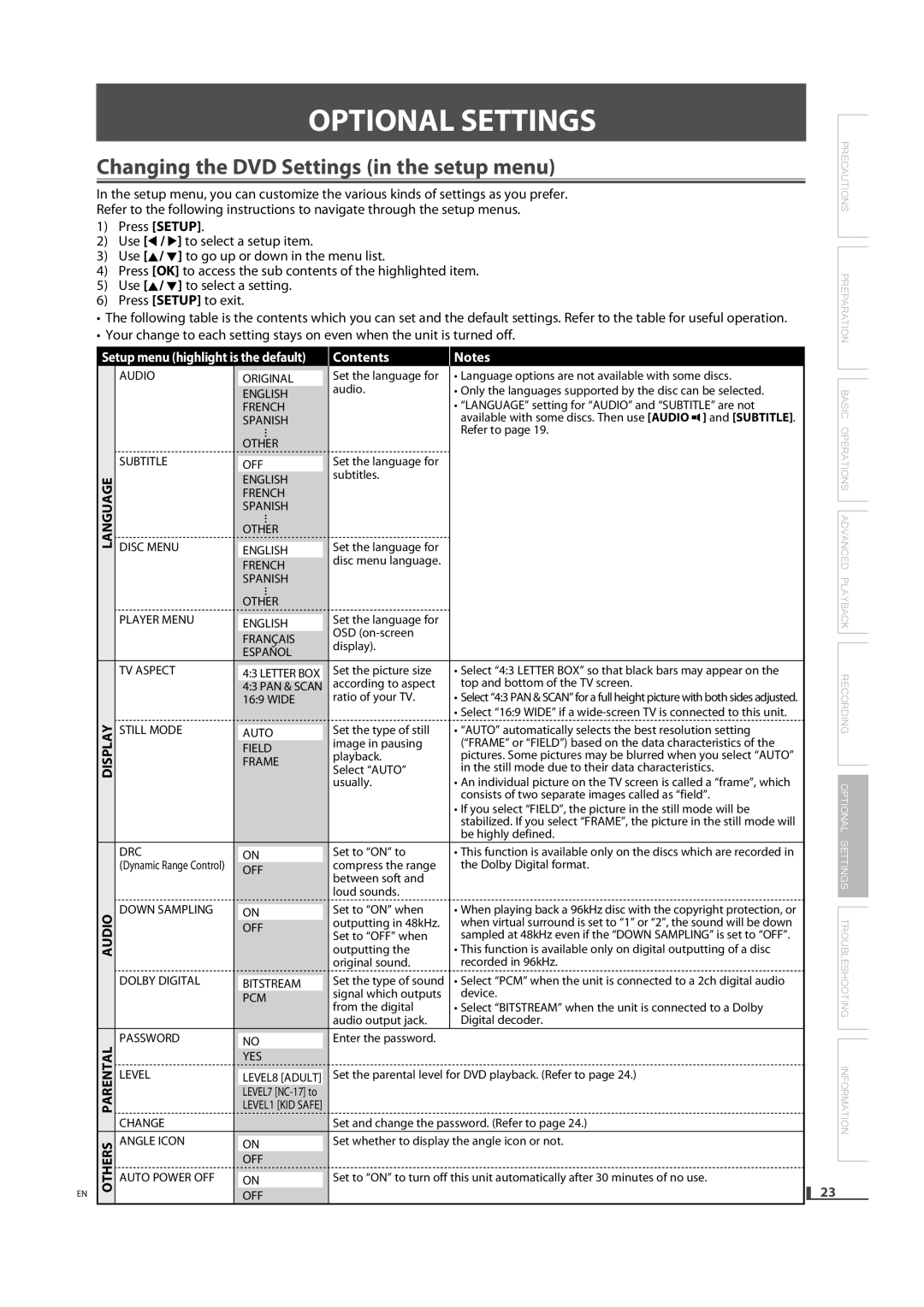 FUNAI DVD3315V owner manual Optionalopti Settingsttings, Changing the DVD Settings in the setup menu 