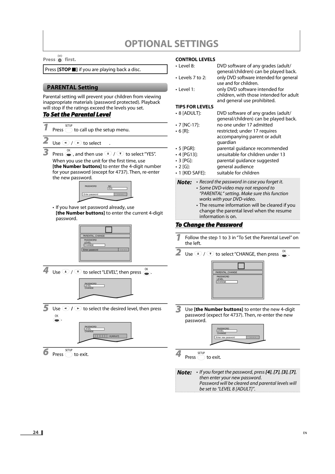 FUNAI DVD3315V owner manual Optional Settings, Parental Setting, To Set the Parental Level, To Change the Password 