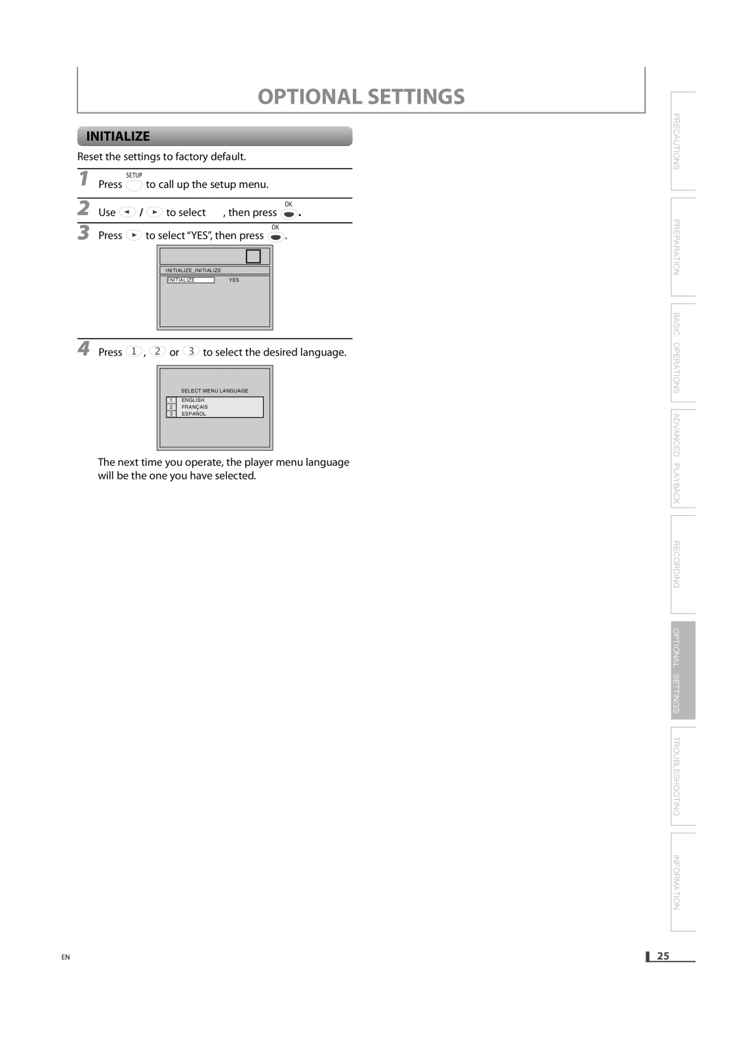 FUNAI DVD3315V Reset the settings to factory default, To call up the setup menu Use To select, To select YES, then press 