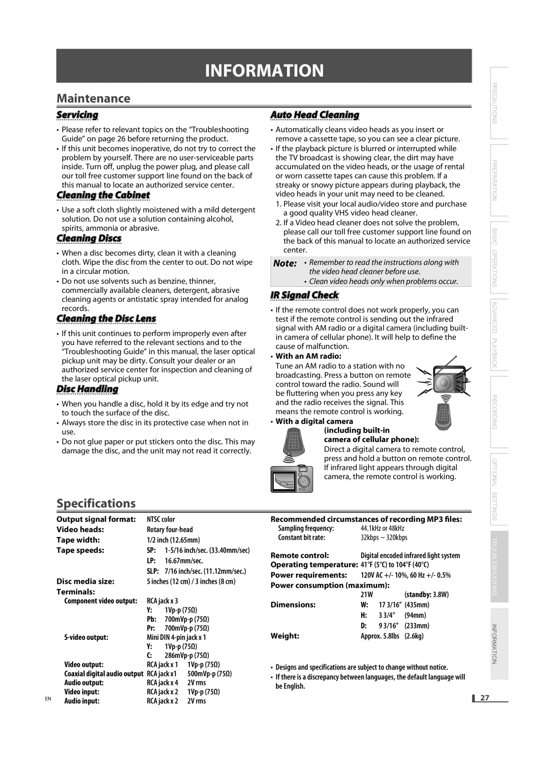 FUNAI DVD3315V owner manual Informationi I N, Maintenance, Specifications 