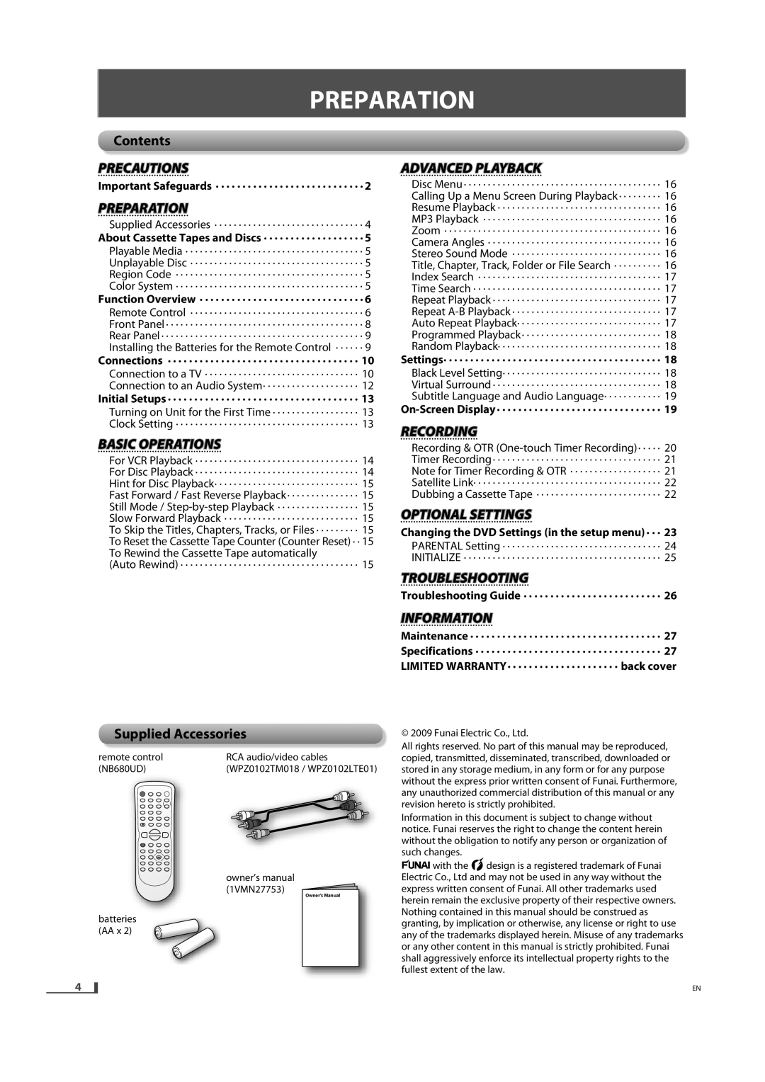 FUNAI DVD3315V Preparationp I N, Contents, Supplied Accessories, Changing the DVD Settings in the setup menu · · · 