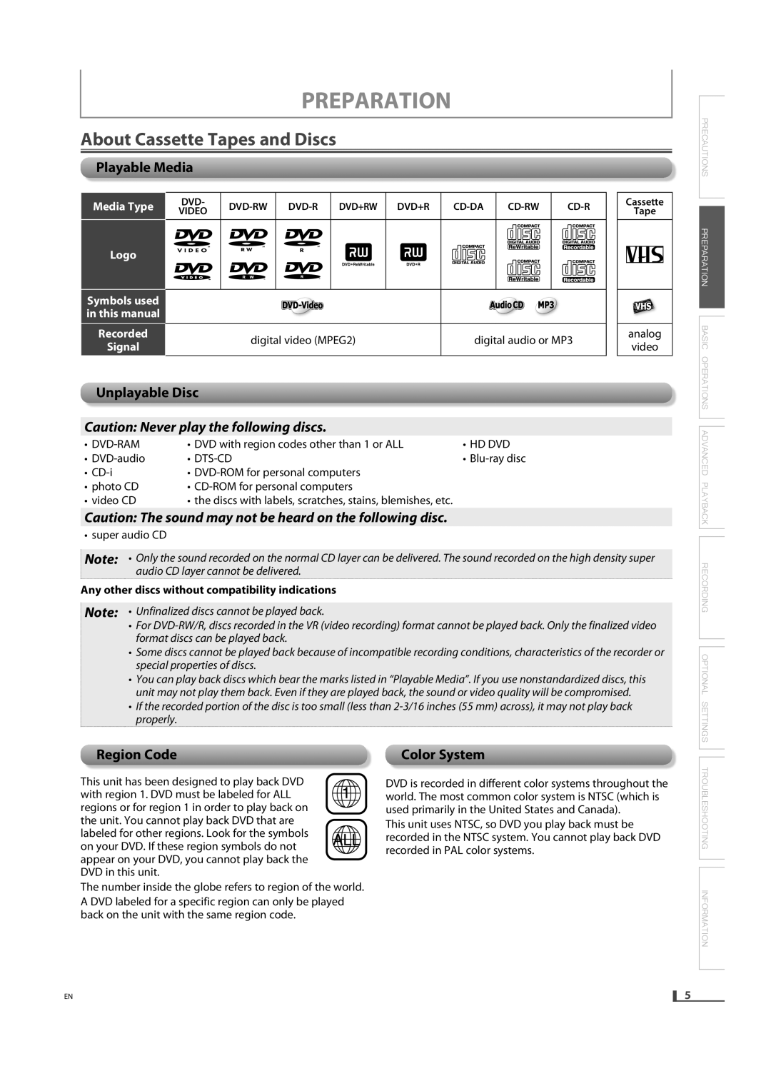 FUNAI DVD3315V owner manual Preparation, About Cassette Tapes and Discs 