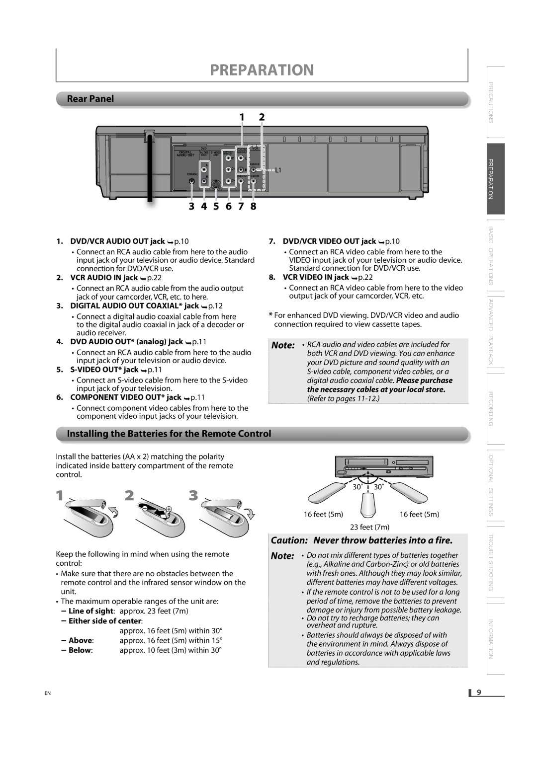 FUNAI DVD3315V owner manual Rear Panel, Installing the Batteries for the Remote Control 