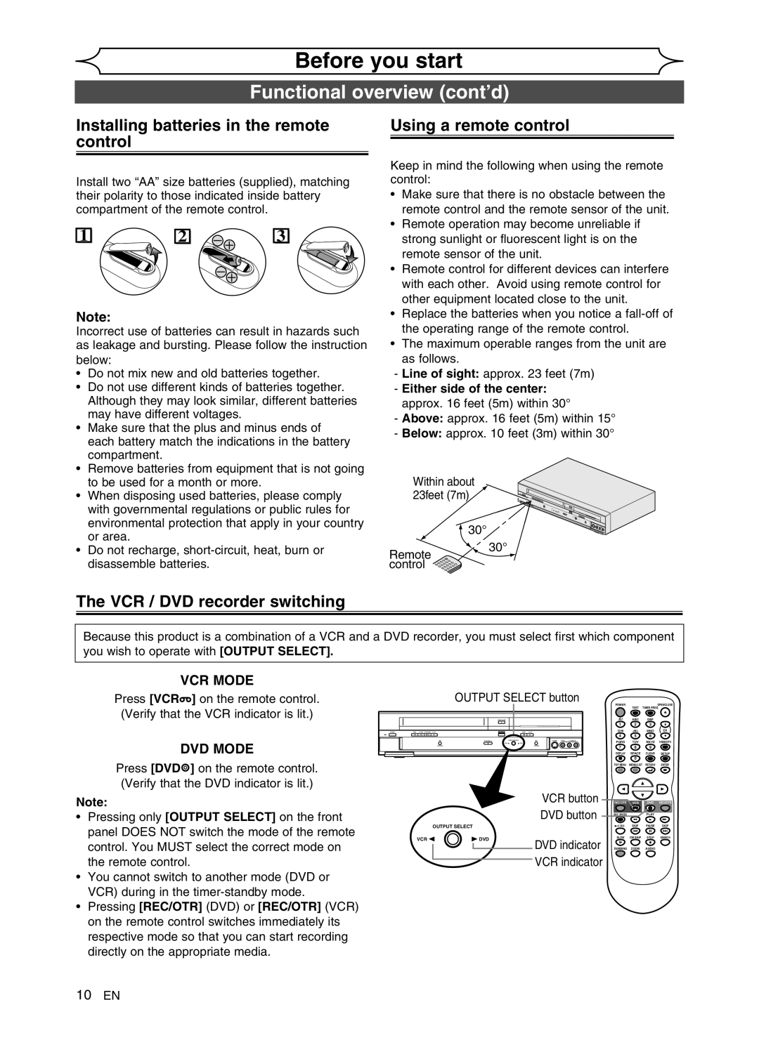 FUNAI DVR90VG manual Installing batteries in the remote control, Using a remote control, VCR / DVD recorder switching 