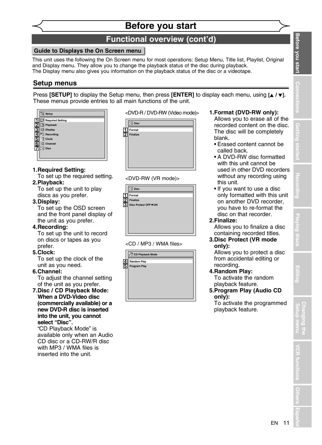 FUNAI DVR90VG manual Setup menus 